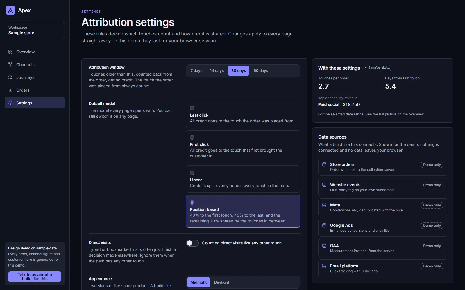 Apex, Settings page on desktop