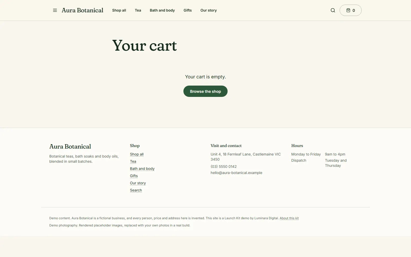 Aura Botanical, Cart page on desktop
