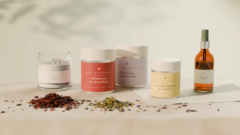Tins of loose-leaf tea, a pouch of bath soak and a glass bottle of body oil on a linen-covered table in soft daylight