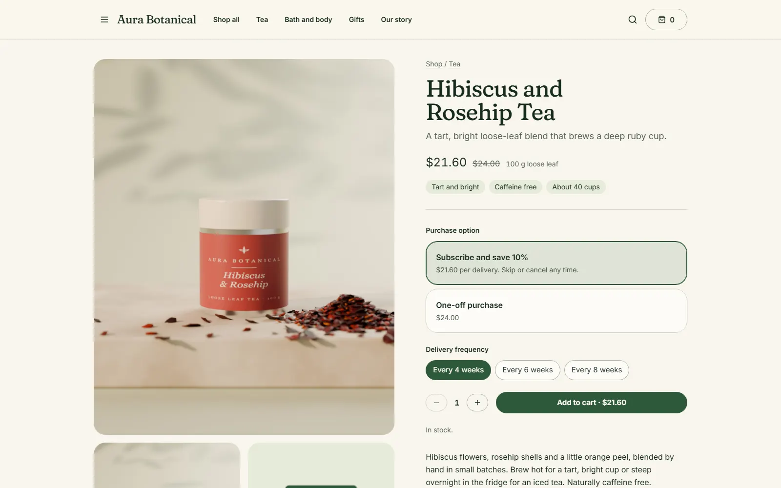 Aura Botanical, Product page on desktop