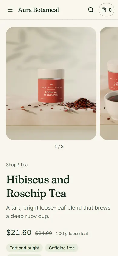 Aura Botanical, Product page on a phone