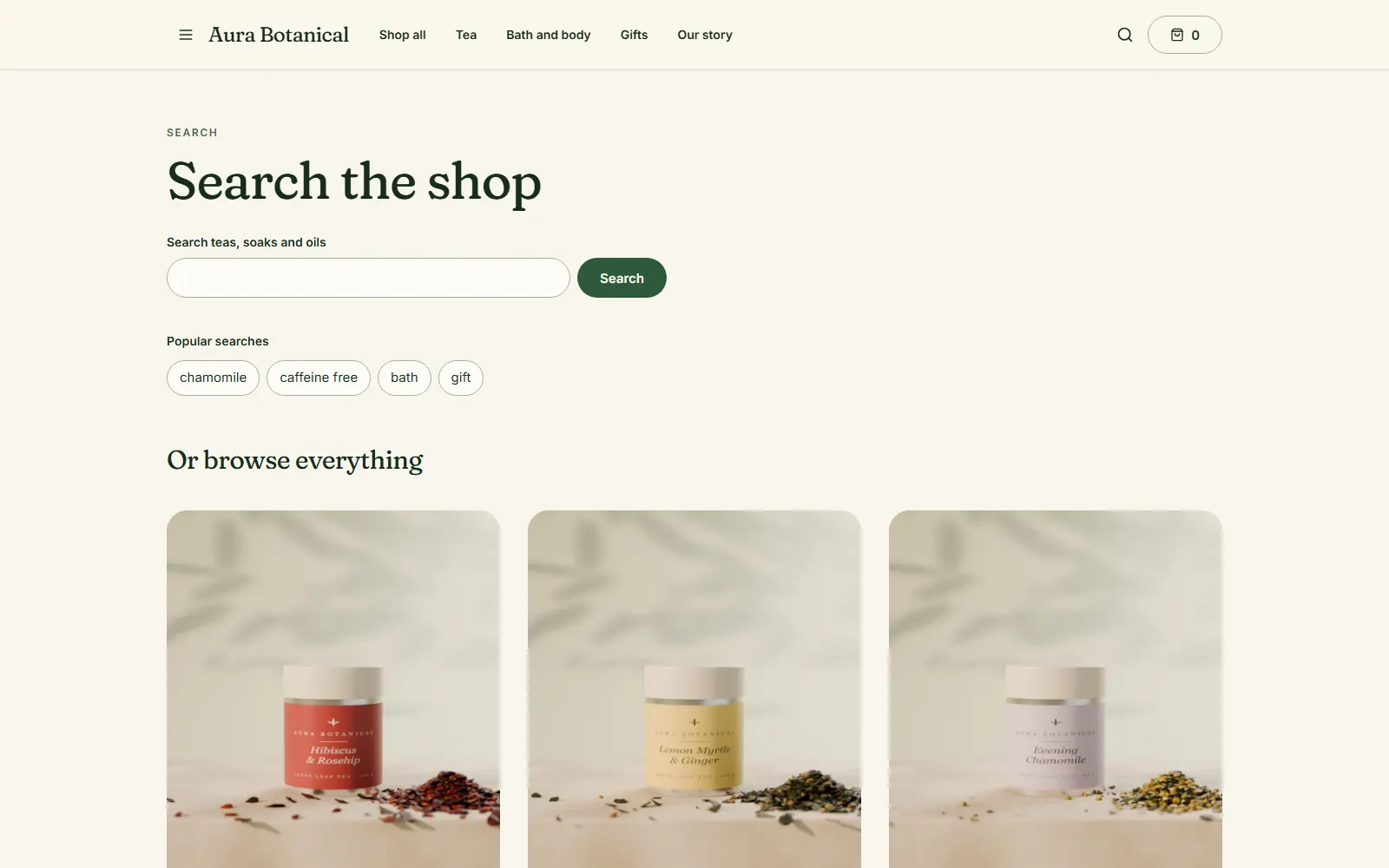 Aura Botanical, Search page on desktop
