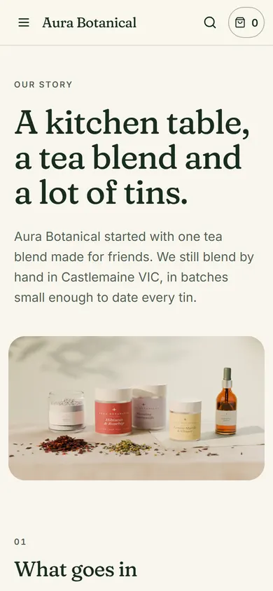 Aura Botanical, Our story page on a phone