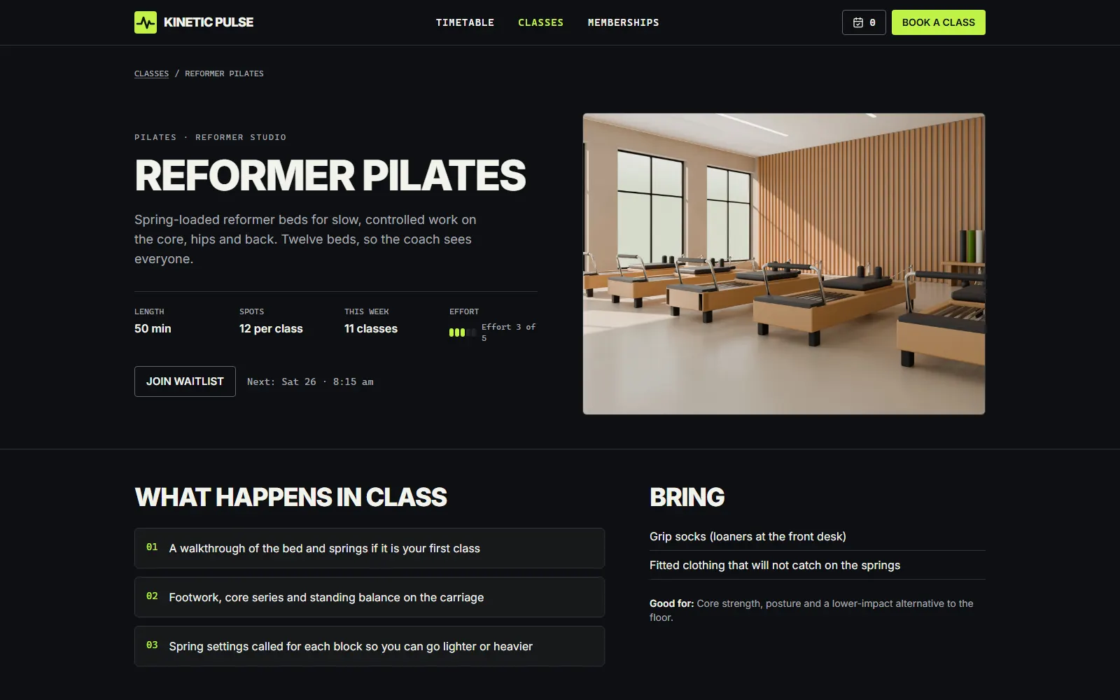 Kinetic Pulse, Class detail page on desktop