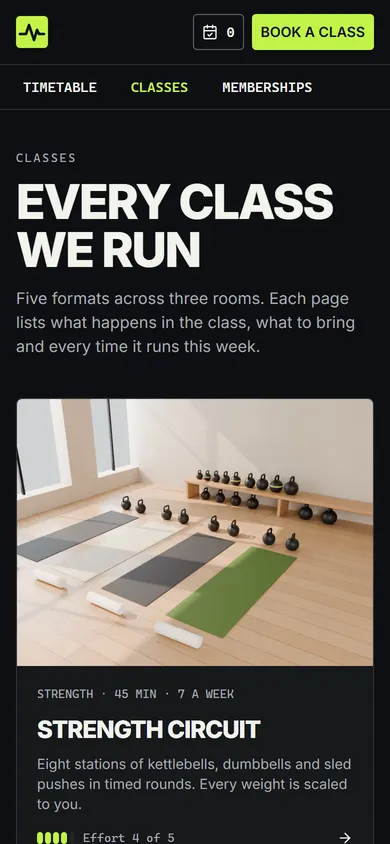 Kinetic Pulse, Classes page on a phone