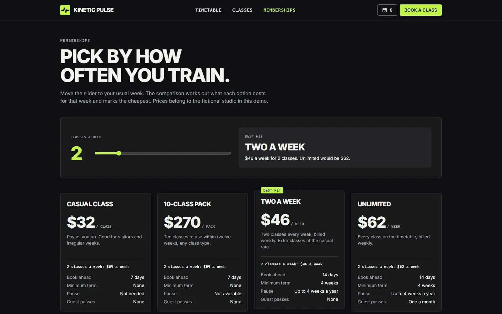 Kinetic Pulse, Memberships page on desktop