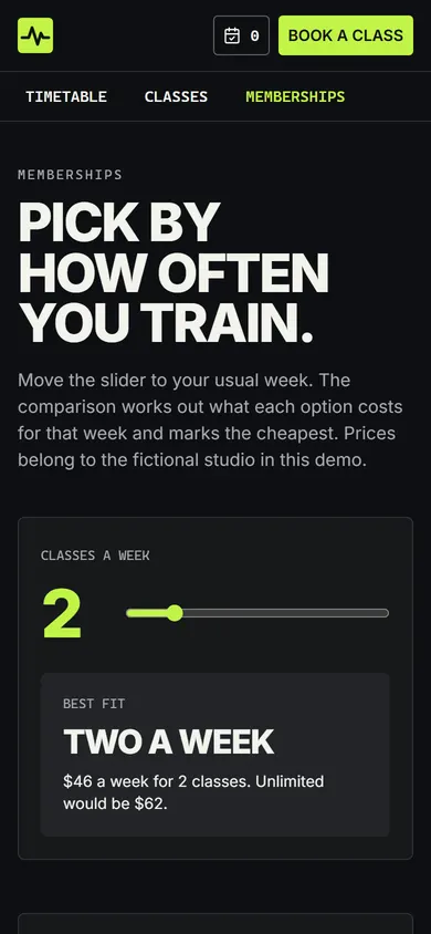 Kinetic Pulse, Memberships page on a phone