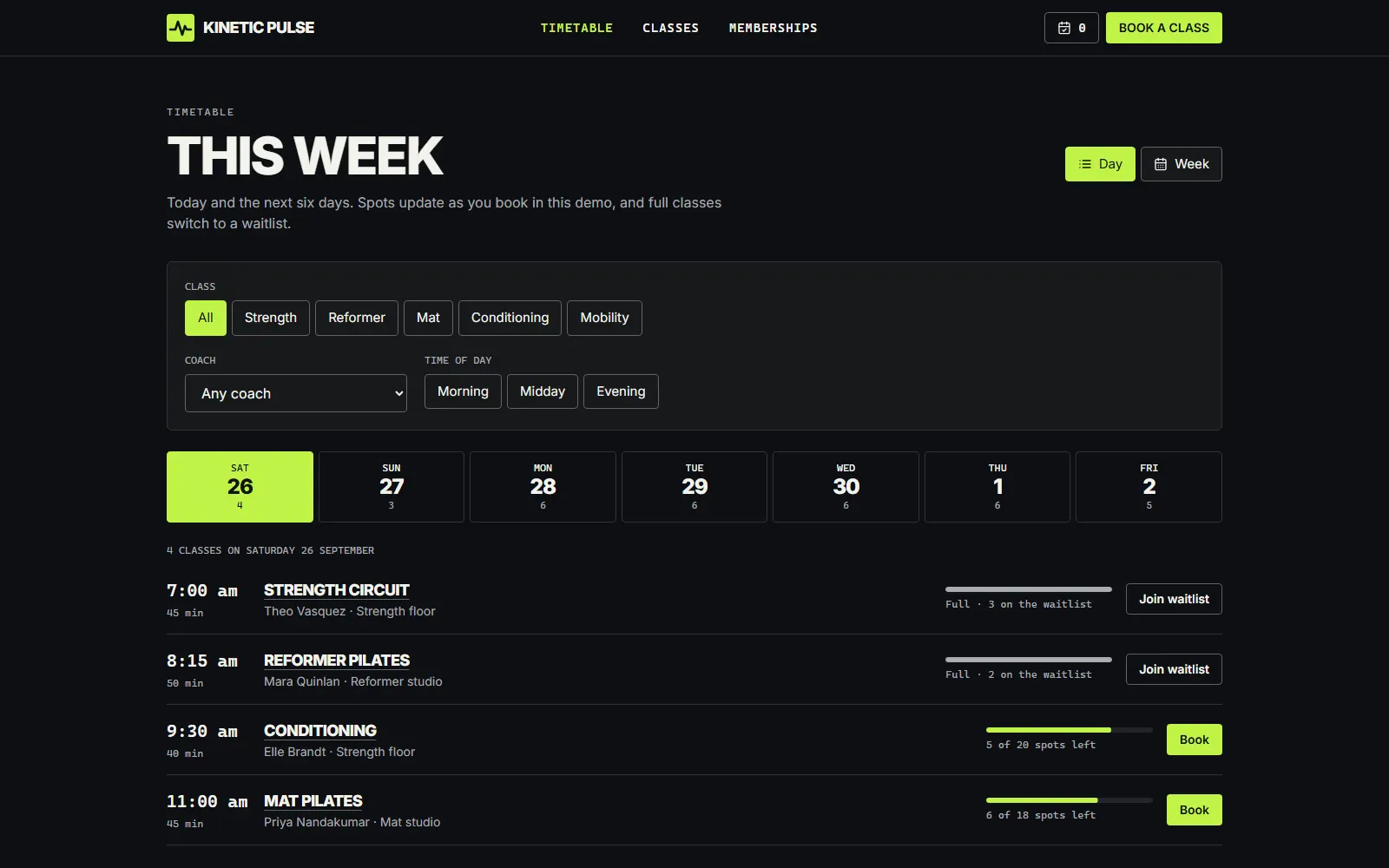 Kinetic Pulse, Timetable page on desktop