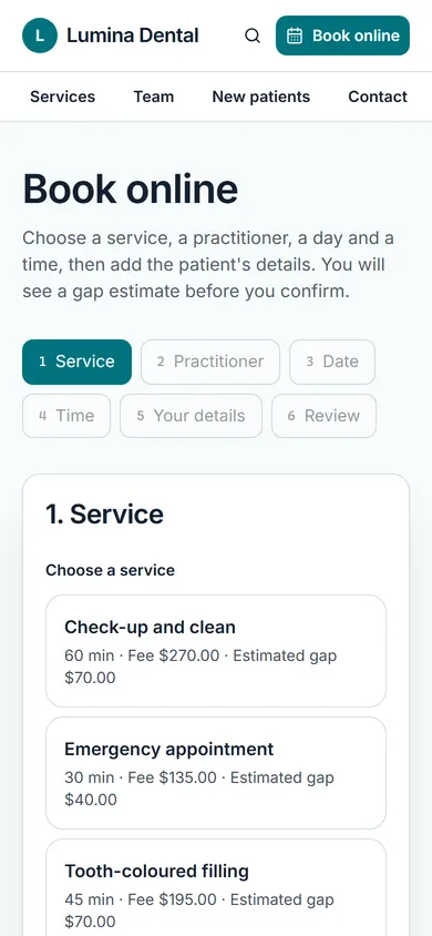 Lumina Dental, Book online page on a phone