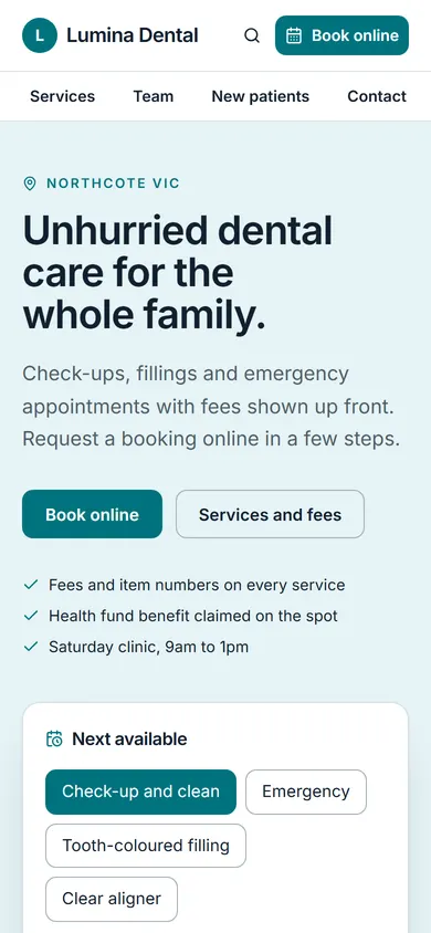 Lumina Dental, Home page on a phone