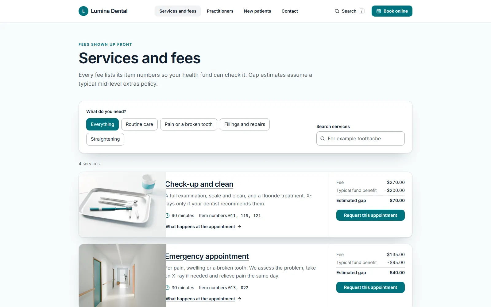 Lumina Dental, Services and fees page on desktop