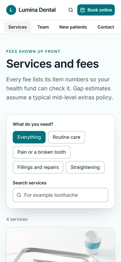 Lumina Dental, Services and fees page on a phone