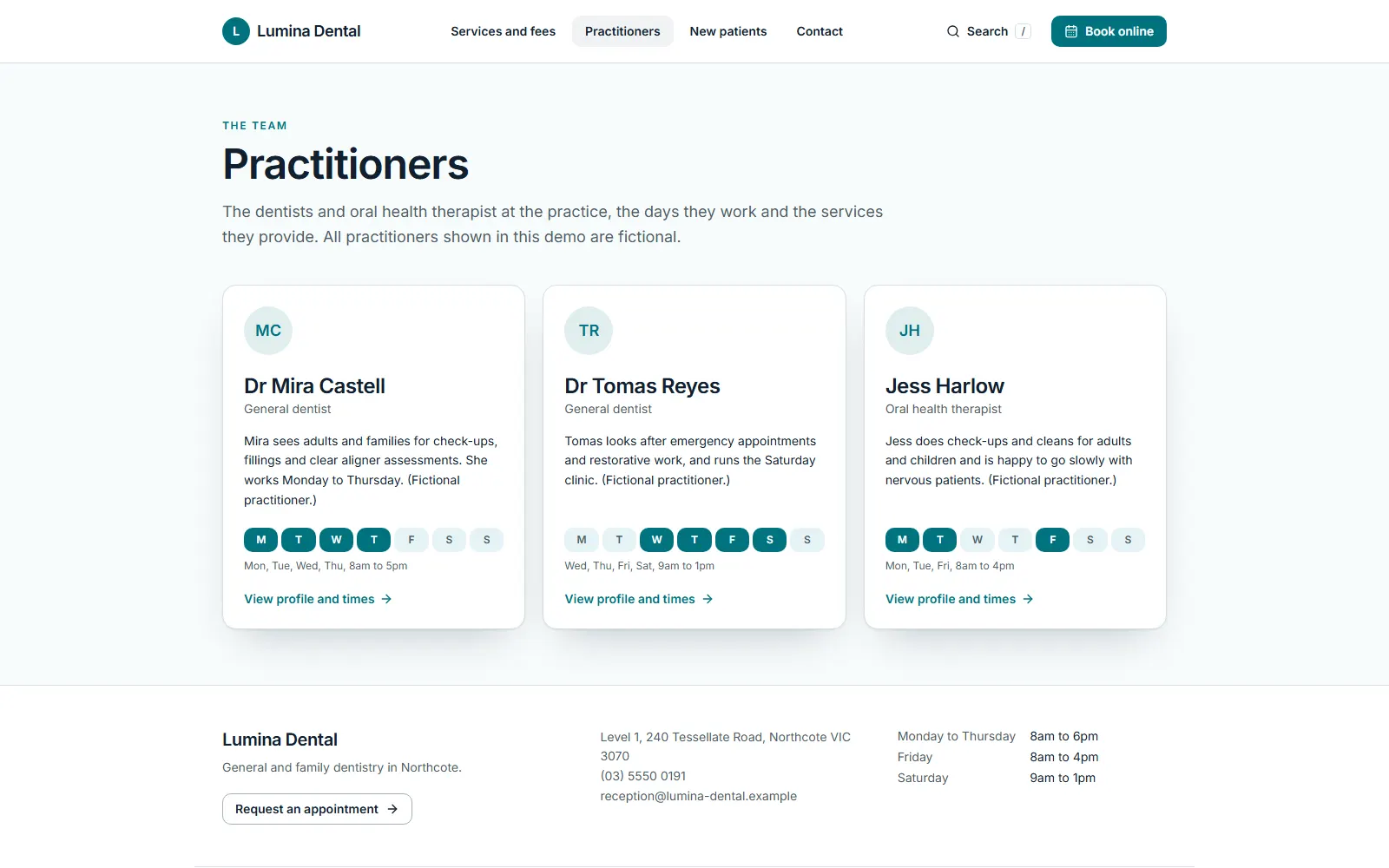 Lumina Dental, Practitioners page on desktop