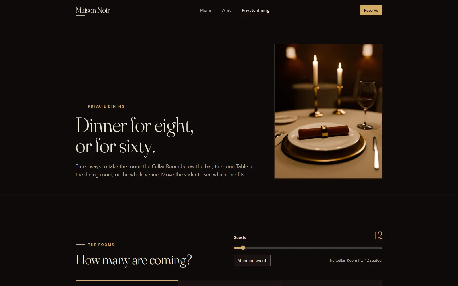 Maison Noir, Private dining page on desktop
