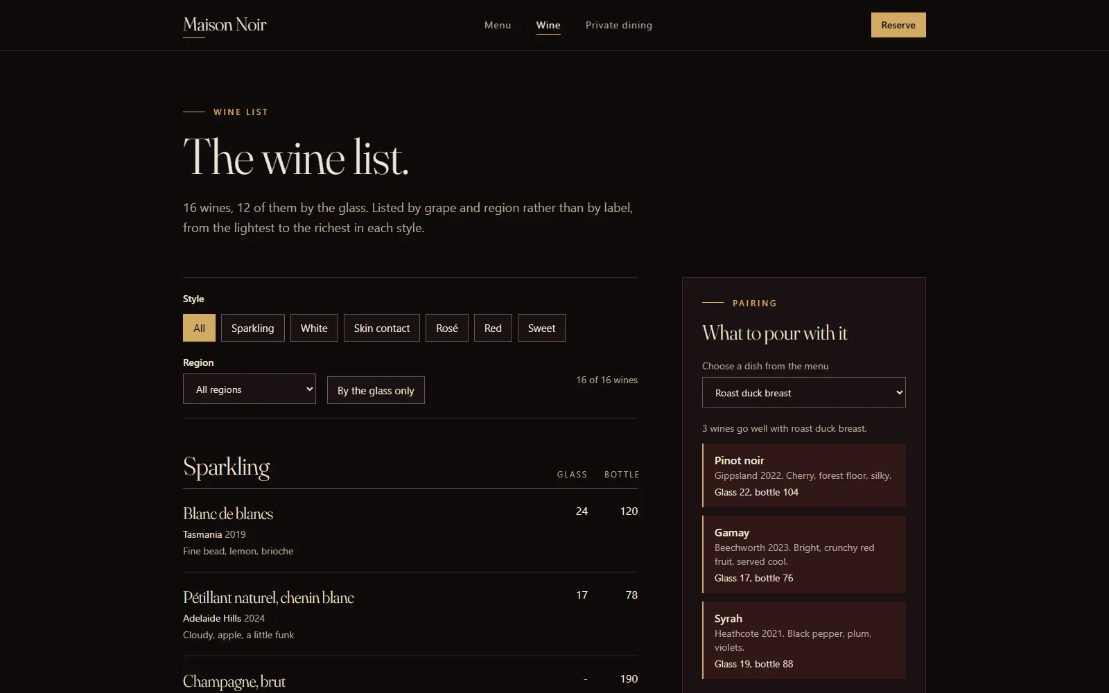 Maison Noir, Wine page on desktop