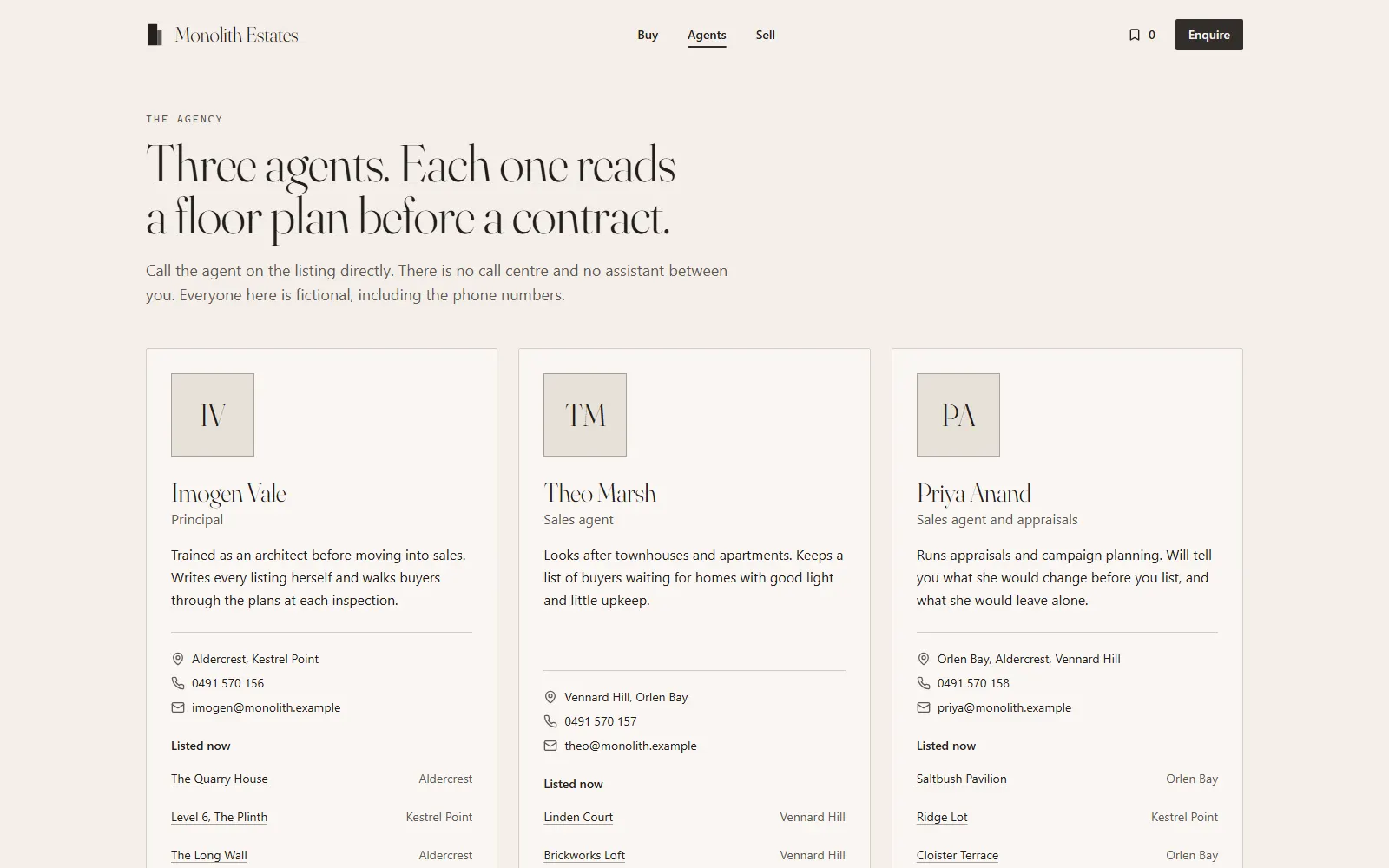 Monolith Estates, Agents page on desktop