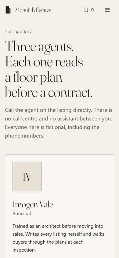 Monolith Estates, Agents page on a phone