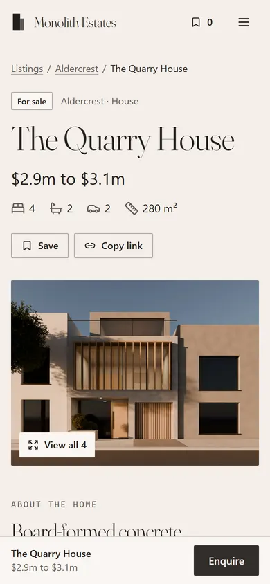 Monolith Estates, Listing detail page on a phone
