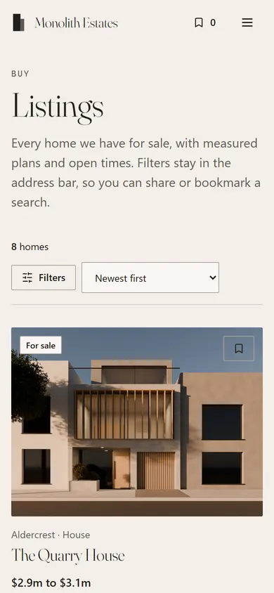 Monolith Estates, Listings page on a phone