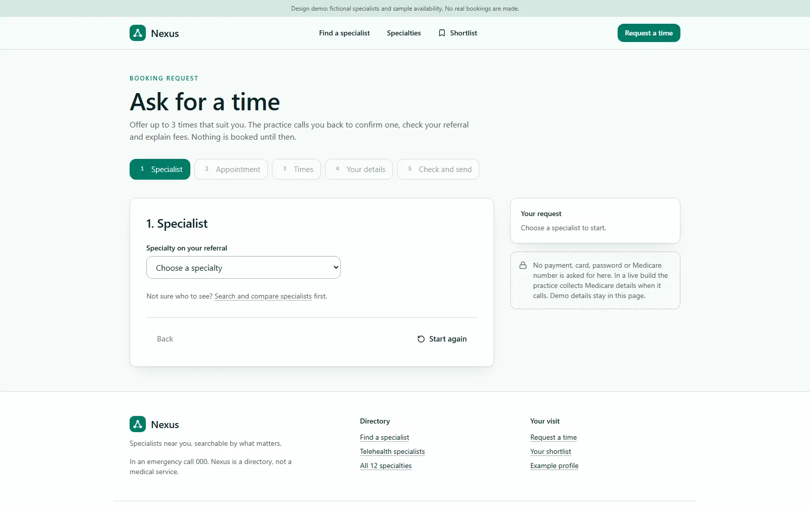 Nexus Specialist Directory, Request booking page on desktop