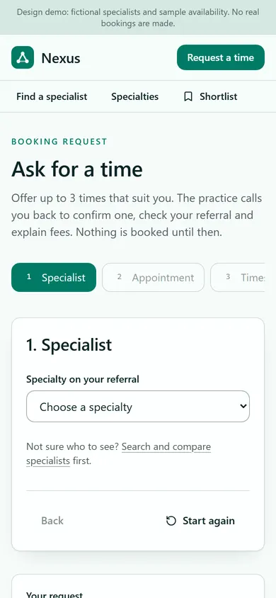 Nexus Specialist Directory, Request booking page on a phone