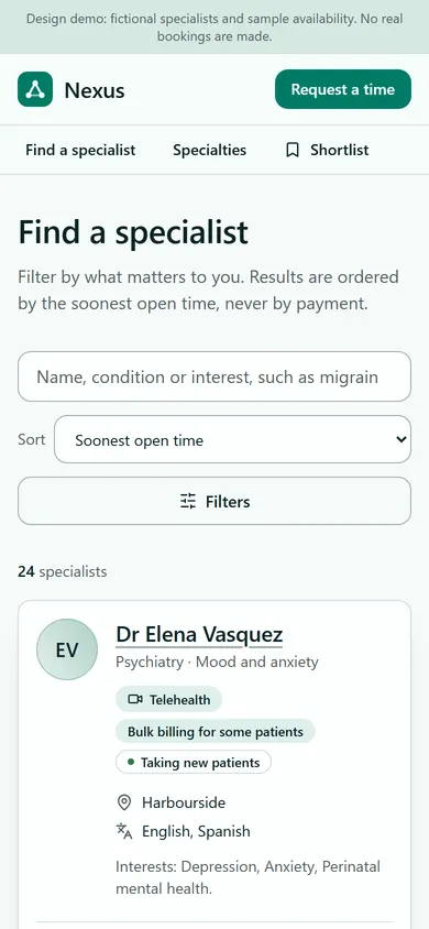 Nexus Specialist Directory, Search page on a phone