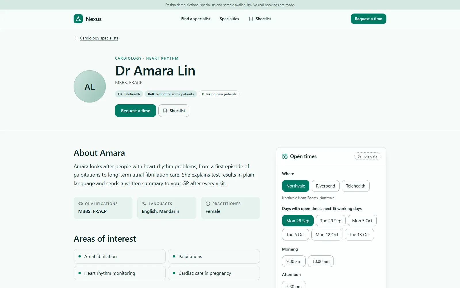 Nexus Specialist Directory, Specialist profile page on desktop