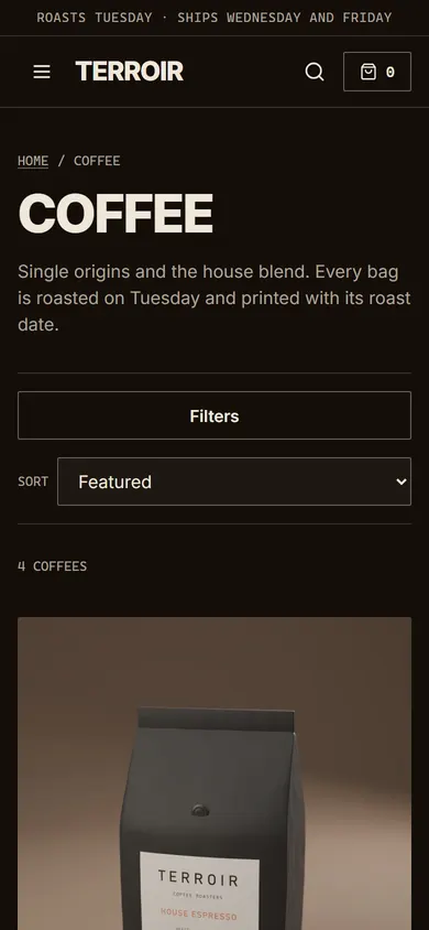 Terroir, Coffees page on a phone