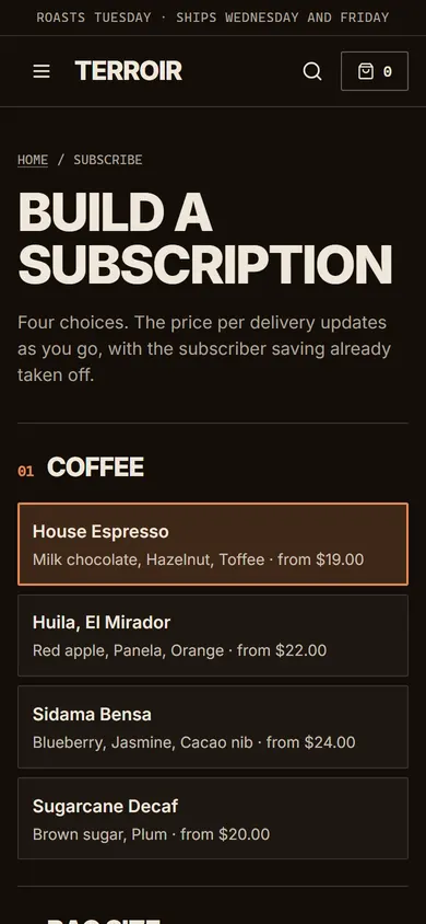 Terroir, Subscription builder page on a phone
